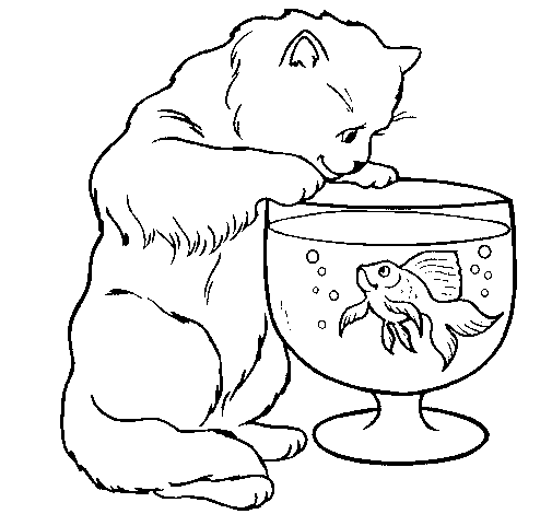 Cat watching fish coloring page