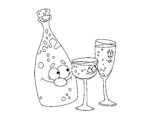 Champagne bottle and glasses coloring page