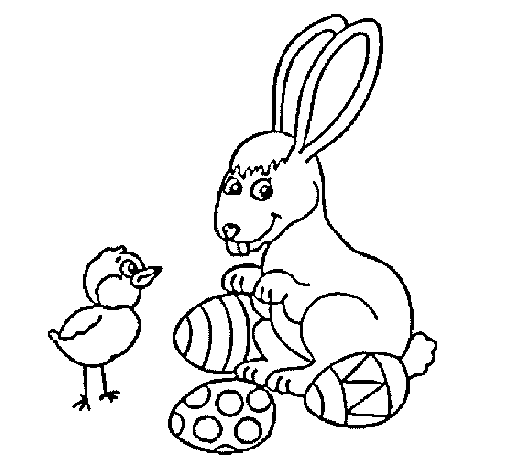 Chick, bunny and little eggs coloring page