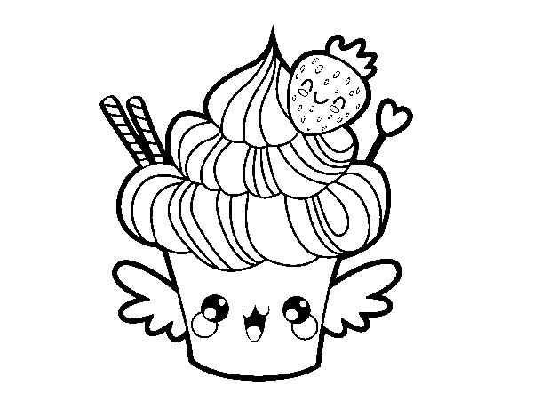 Cupcake kawaii with strawberry coloring page