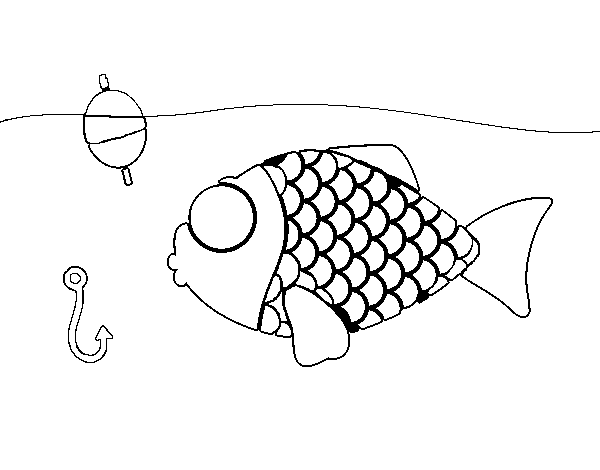 Fish about to take the fish hook coloring page