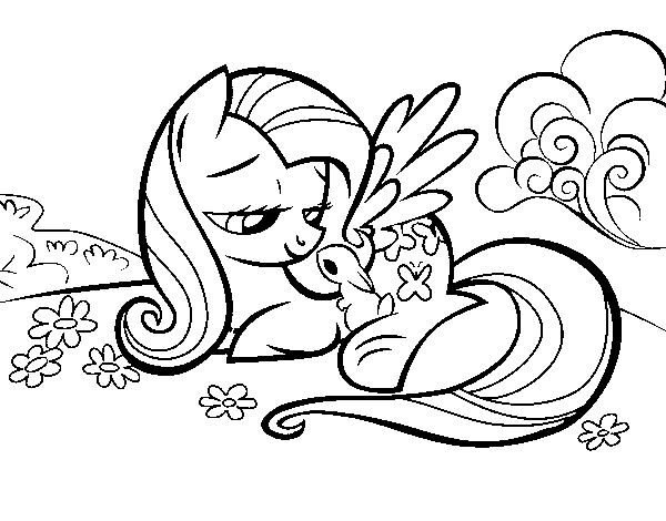 Fluttershy with a little rabbit coloring page