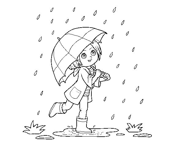 Girl with umbrella in the rain coloring page