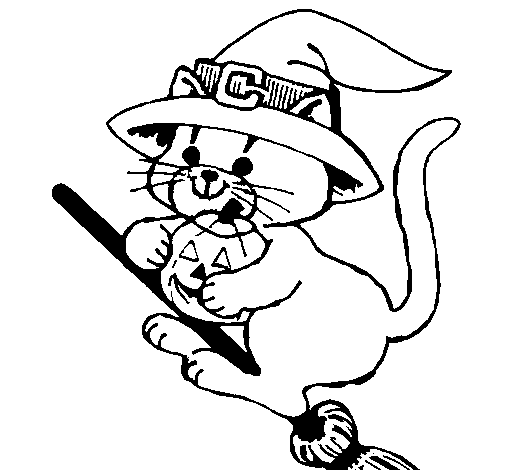 Kitten on flying broomstick coloring page