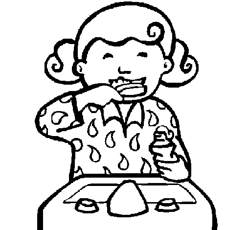 Little girl brushing her teeth coloring page