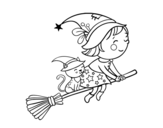 Little witch flying with her broom coloring page
