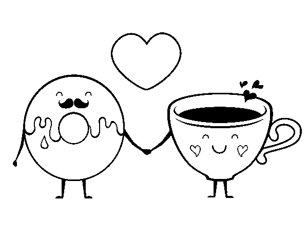 Love between donut and tea coloring page