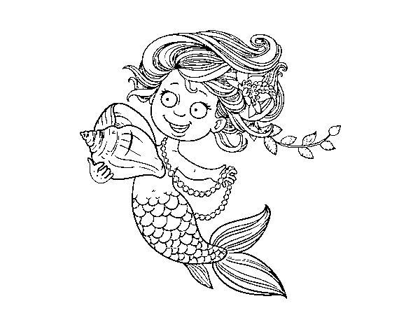 Mermaid with shell and pearls coloring page