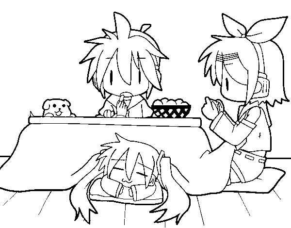 Miku, Rin and Len having breakfast coloring page