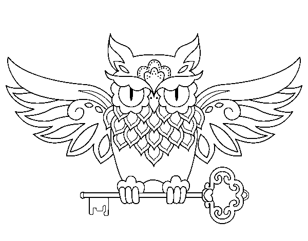 Owl with key tattoo coloring page