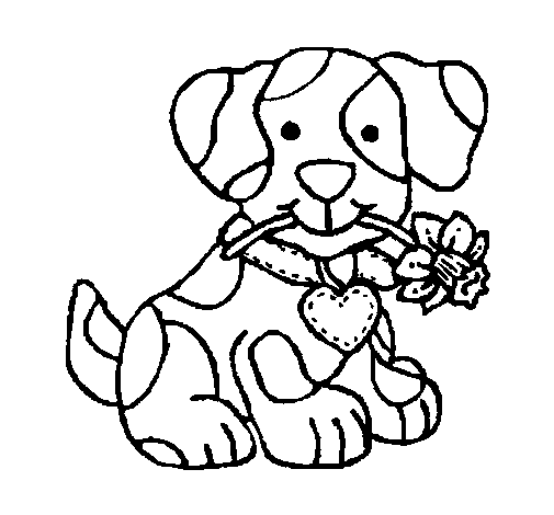 Puppy with a flower in the mouth coloring page
