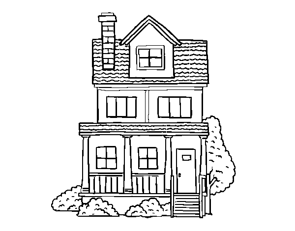 Two-story house with attic coloring page