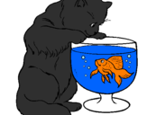 Coloring page Cat watching fish painted byAshley