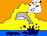 Coloring page Dolphin and seagull painted byThieli