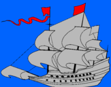 Coloring page 17th century sailing boat painted by pirate ship