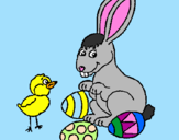 Coloring page Chick, bunny and little eggs painted byleah
