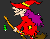 Coloring page Witch on flying broomstick painted bybia