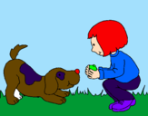 Coloring page Little girl and dog playing painted bykoty