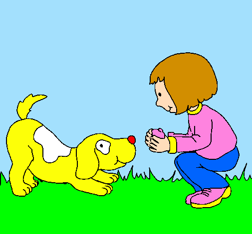 Little girl and dog playing