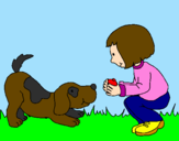 Coloring page Little girl and dog playing painted byzuzia