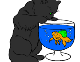 Coloring page Cat watching fish painted byzara