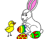Coloring page Chick, bunny and little eggs painted byrodolflo