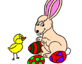 Coloring page Chick, bunny and little eggs painted bylife