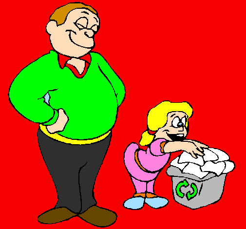 Father and daughter recycling