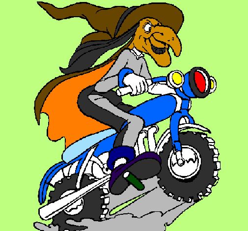 Coloring page Witch on motorbike painted byWitch