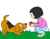 Coloring page Little girl and dog playing painted bykass