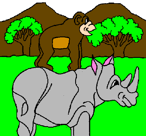 Rhinoceros and monkey