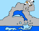 Coloring page Dolphin and seagull painted byKK