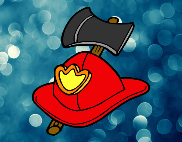 Coloring page Fireman helmet and axe painted bycolor