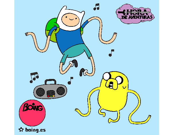 Coloring page Finn and Jake listening to music painted byLili