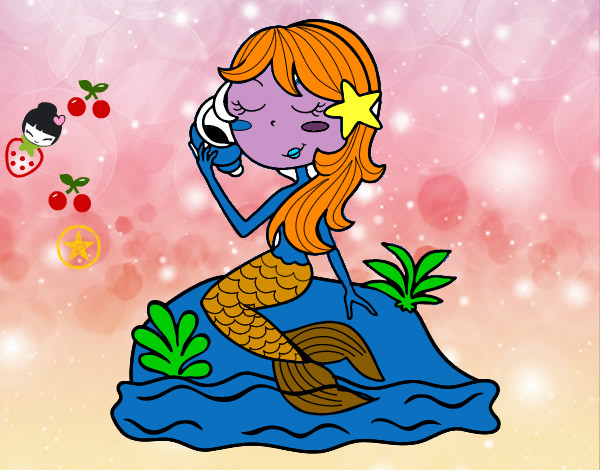 Coloring page Mermaid sitting on a rock with a sea snail painted byBirdie