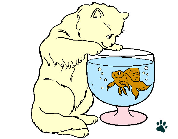 Coloring page Cat watching fish painted byChrissy