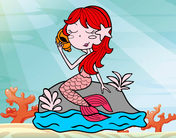 Coloring page Mermaid sitting on a rock with a sea snail painted bymolly