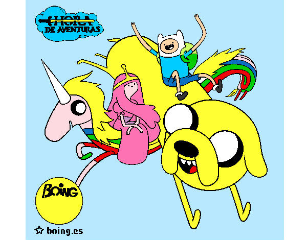 Coloring page Jake, Finn, Princess Bubblegum and Rainbow Lady painted bykare