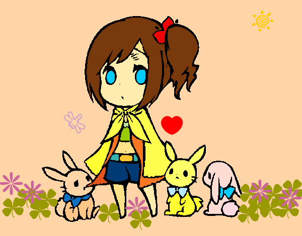 Coloring page Girl with bunnies painted byskybay