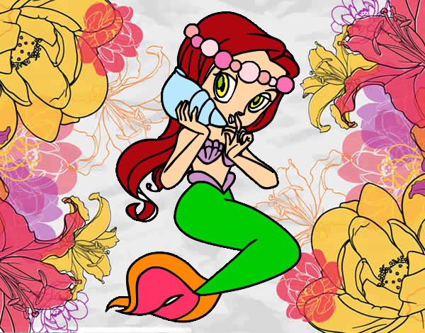 Coloring page Mermaid with a sea snail painted byRAYA