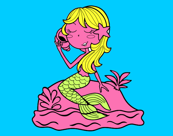 Coloring page Mermaid sitting on a rock with a sea snail painted byems76