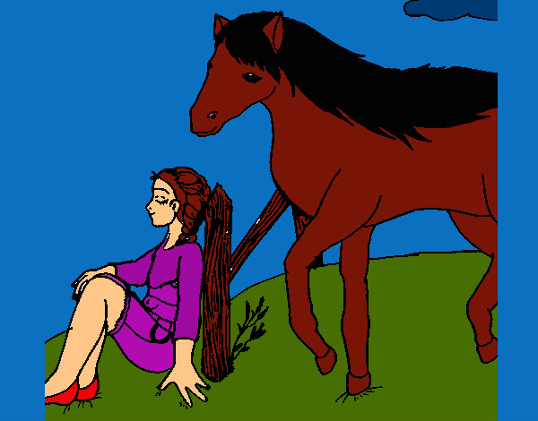 Coloring page Girl and horse painted bybella