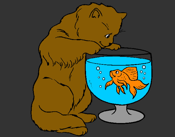 Coloring page Cat watching fish painted byBigricxi