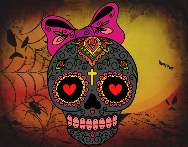 Coloring page Mexican skull with bow painted byDKAcrazy