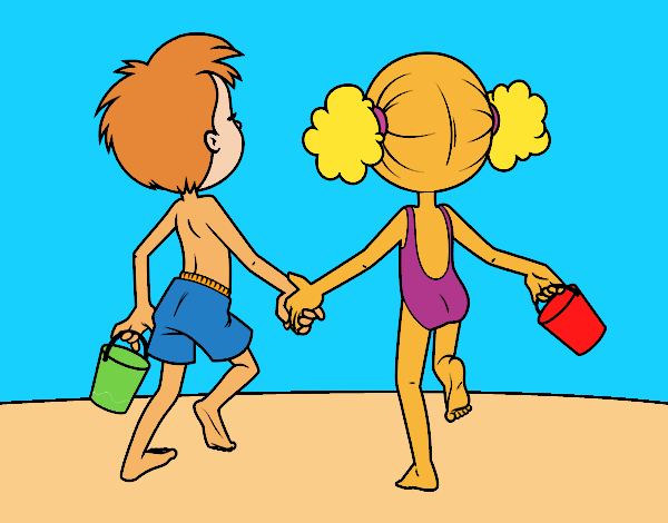 Coloring page Girl and boy on the beach painted bymindella