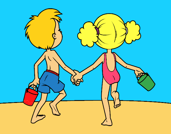 Coloring page Girl and boy on the beach painted bymindella