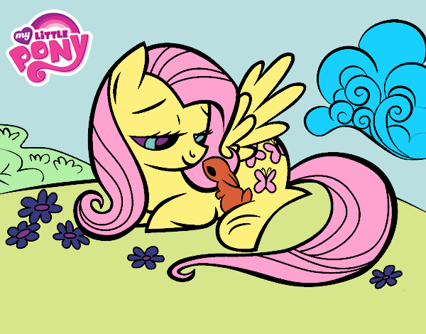 Coloring page Fluttershy with a little rabbit painted bybella