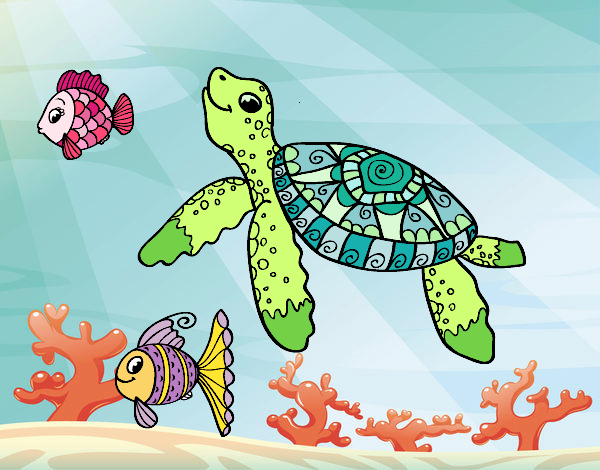 Coloring page Sea turtle with fish painted bysuzie