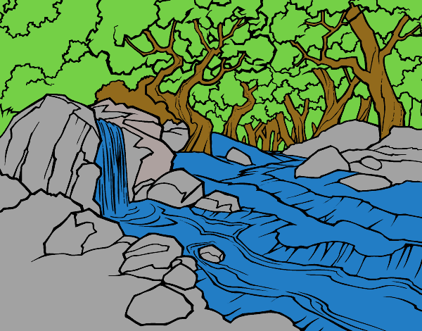 Coloring page Forest landscape with a river painted byCharlotte