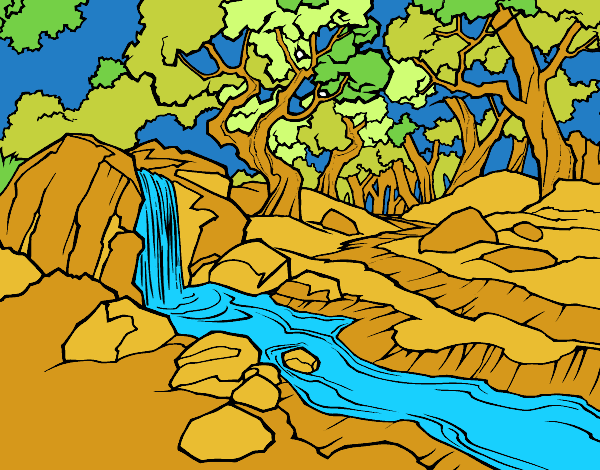 Coloring page Forest landscape with a river painted byKArenLee